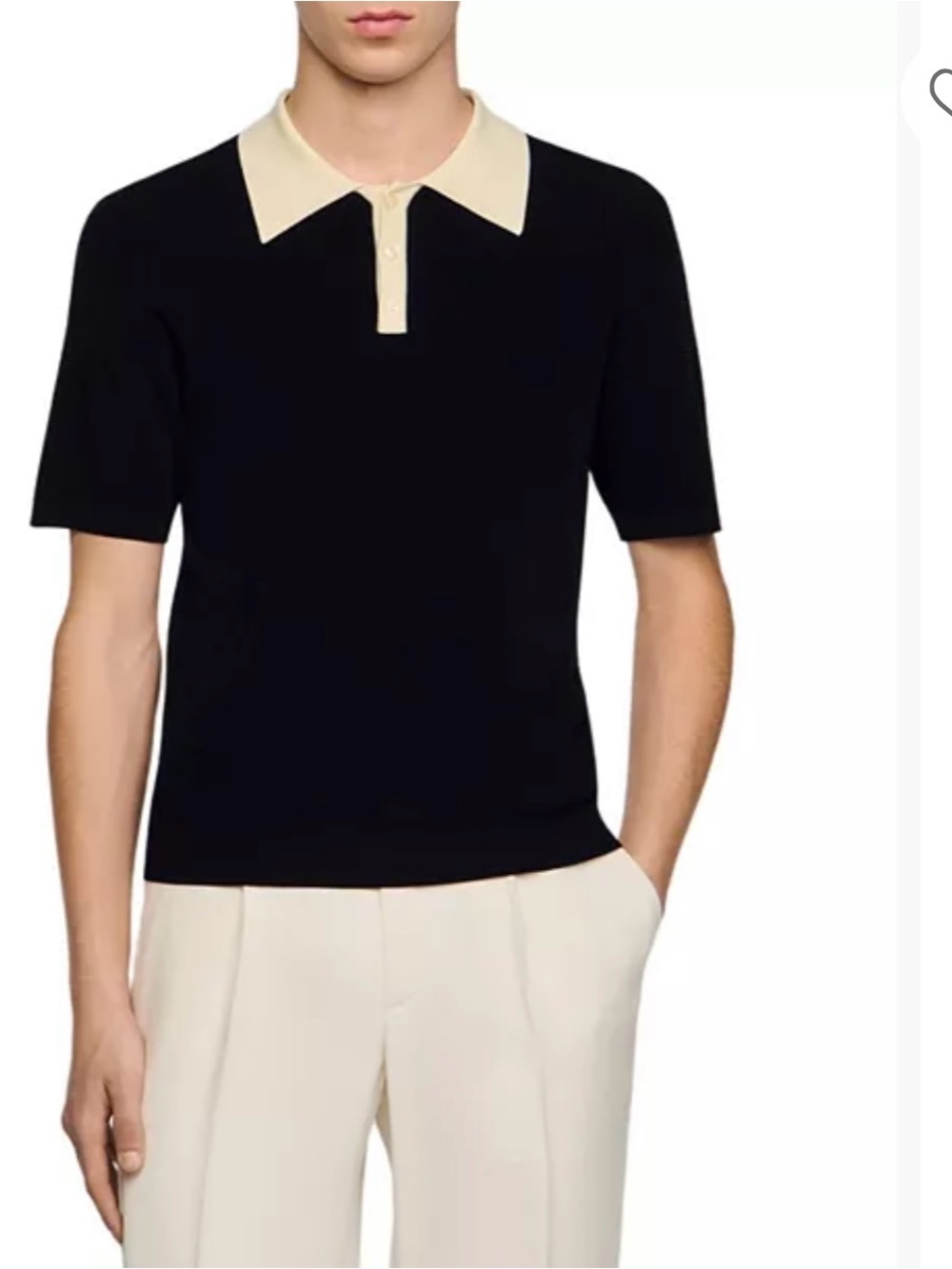 Sandro Black Polo with Cream Contrast Collar